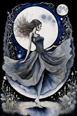 alcohol pen and ink stunning detalied surreal image where a dancer's dress transforms into a silver and moonlight capturing the elegance and etheraly of dance, the background is a cracked , ruined nightly garden with plants siluettes, and little fireflies, dark night, full shiny moon, stunning, masterpeace