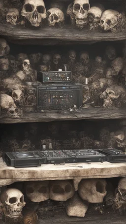 DJ of the damnded, insanely detailed DJ booth in hell, MID set, speakers and equipment made of bone, anatomically correct, add more skulls in th audience, photorealism, vray, 8k 3d https://stablecog.com/generate?o=a67b60e0-edd2-418d-9744-d1d585055d7f