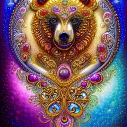 Adorable Happy Bear, glitter gold, extremely detailed fractal, fractal gems, fractal crystals, gold glitter, digital oil painting, detailed art illustration, vibrant, cinematic, ornate, luxury, polished, elegant intricate 8k imperial colors in the style of Josephine Wall, Brian Froud, Thomas Kinkade Modifiers: elegant intricate 8k imperial colors