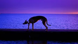 A lone greyhound sits on a weathered wooden dock, silhouetted against a dusky purple sky. The dog's long, elegant form is hunched, head lowered in a posture of dejection. Ripples of deep blue water stretch out before it, reflecting the last orange rays of sunset.