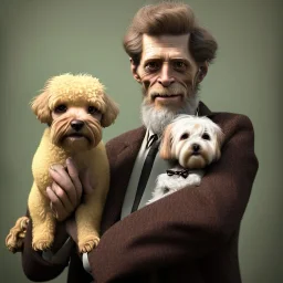 Portrait of an aristocratic old man holding a toy poodle in his arms, he looks like Willem dafoe, 8k, HD, cinematography, photorealistic, Cinematic, Color Grading, Ultra-Wide Angle, Depth of Field, hyper-detailed, beautifully color-coded, insane details, intricate details, beautifully color graded, Cinematic, Color Grading, Editorial Photography, Depth of Field, DOF, Tilt Blur, White Balance, 32k, Super-Resolution, Megapixel, ProPhoto RGB, VR, Halfrear Lighting, Backlight, Na