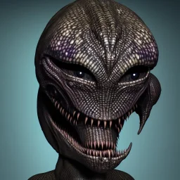 Scary alien with dark rough skin with scales