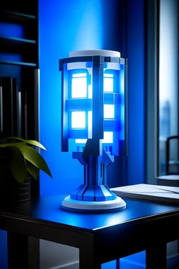 gaming table lamp inspired by avengers stark tower buliding architecture futuristic-modern stlye. geometric form, blue and white color scheme