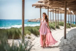 long shot, beautiful Turkish girl with nice blue eyes wearing a pink - blue dress walks in shore toward camera , sharp focus all the scene, natural light, vertical composition, relaxed and natural, fresh and comfortable ,in seaside there are luxury beach hotels.