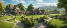 A photo of a quiet village green in a beautiful surreal outdoor countryside sunny scene, with distant hills & fields, intricate charactorful dwellings (designed by Esher) with many pathways & stairways, streams & waterfalls, a waterwheel : ultra high detail, photorealistic, epic cinematic, 8K, Large depth of field