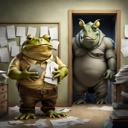 in front the camera be seen up to the waist a fat yellow-green color angry anthropomorphic frog in simple human cloths and take his hands many paper in office, on the wall hang an wall board with some written sheets of paper, behind in background an big strong anthropomorphic gray rhinoceros standing in blue jeans , t-shirt behind in halb open door , dark colors, detailed 3d, sci-fi, fantasy mood