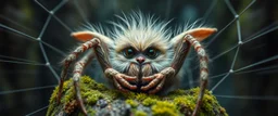 the high speed magical face of a fluffy gremlin spider yoga with charm in web from mossy tower, master oil painting by Rembrandt and Escher, in his moss covered space ship , brightened edges to give a sense of depth, motion blur