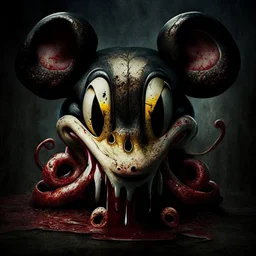 squid mickey mouse hybrid, photorealism, horror, evil, hungry, rotted, high resolution,