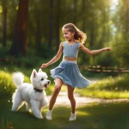 very beautiful realistic 10 years old girl dancing with a furry Dog