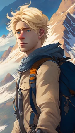 anime image of a blonde-haired, handsome-looking, beautiful-eyed man standing on the top of a mountain, face facing the camera with a backpack, CGI graphic image output, greg Rutkowski style