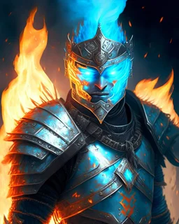 A commander with flaming eyes with flaming light blue pupils with stubble An armor made of a mixture of steel and leather, worn by a strong commander with magical power stands atop a squire