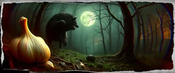 3d airbrush render,i was cooking garlic and went out to eat and something hit me hard and i wake up puked and wrestled a werewolf and ran to the forest to sleep , pinhole cam, airbrush 3d rendering, in the style of Titian and Dali , torn edges on border