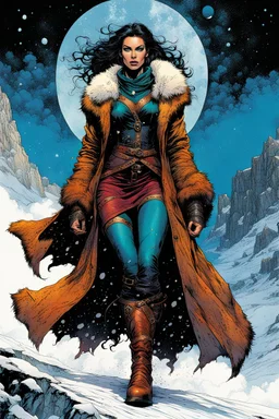 Create a fine art print , full body illustration of an epic fantasy Lankhmar sorceress Girl , with finely lined and detailed facial features, in a ragged sable and lynx fur coat, ,battered riding boots, , in the comic book style of Bill Sienkiewicz, Philippe Druillet, and Jean Giraud Moebius, precisely drawn, colored and inked