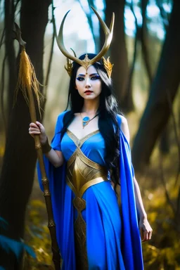 A picture of a beautiful blue faced Korean goddess with skin painted blue, blue body, blue torso, wild black hair, stag antlers, elven ears, golden skirt, holding a staff in a sunny forrest