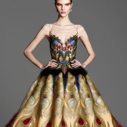 stunning couture gown designed by Marchesa inspired by fairies, realistic epic elegant fantasy colors in gold and black and red,decorated with precious stones, detailed, high quality, intricate, fantasyland background,