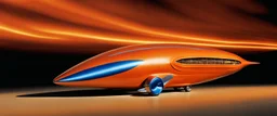 award winning car and driver photograph of a futuristic station wagon dirigible hybrid designed by only one vehicle per image painted metallic orange traveling at a high rate of speed, jet intake off of front center of vehicle and jet exhaust out the rear with bright blue flame, bilaterally symetrical, more a high speed road vehicle