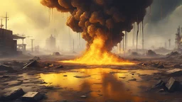 A medium quality digital illustration capturing the mesmerizing scene of "yellow liquid shooting from the ground like oil" in a dystopian wasteland, surreal, vibrant, explosion, abstract, post-apocalyptic art, sci-fi concept, digital painting, detailed texture, fiery atmosphere, intense energy, concept art, high dynamic range, cinematic, 4k resolution.