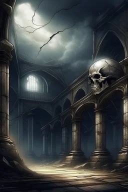 dark fantasy art of a medieval abandoned hall