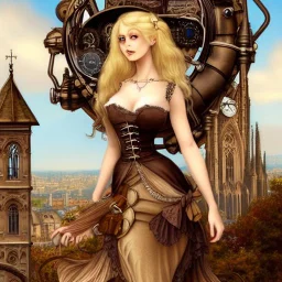 In the style of Jean-Baptiste Monge, a blonde woman with big brown eyes, in steampunk style . long hair. Charming view. Short top, around the Gothic buildings. Detailed clothing. Detailed view. soft colors