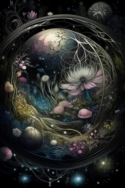 Beautiful floral dance, epic, fabulous landscape, 3d, horror, surrealism, careful drawing of details, transparent watercolor, clear contour, heart inside a sphere, stardust, threads, professional photo, incredible landscape, dark botanical, dark fantasy, silver, black, gold, blue, white, light green, pink, lilac, neon, detailed, fibers, engraving, color illustration, star map, comet, moon, fantastic flowers