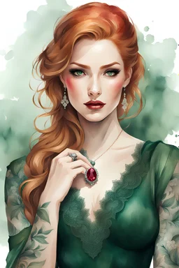 watercolor beautiful young woman with tattoos in a dark green dress with lace with a ruby ring in a green dress, sleeve with white lace, ginger hair, well-drawn eyes, five fingers on the hand, white background, Trending on Artstation, {creative commons}, fanart, AIart, {Woolitize}, by Charlie Bowater, Illustration, Color Grading, Filmic, Nikon D750, Brenizer Method, Side-View, Perspective, Depth of Field, Field of View, F/2.8, Lens Flare, Tonal Colors, 8K, Full-HD, ProPhoto RGB, Perfectionism,