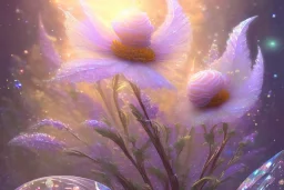 one big crystal subtle flower in a galactic ambiance with a very little beautiful fairy, transparent petals, delicate colors, in the foreground, full of details, smooth, bright sunshine，soft light atmosphere, light effect，vaporwave colorful, concept art, smooth, extremely sharp detail, finely tuned detail, ultra high definition, 8 k, unreal engine 5, ultra sharp focus