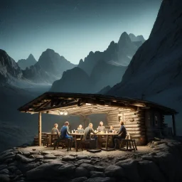 Five people eating inside a mountain hut, sense of fear, Alps, night sky, 8k, HD, cinematography, photorealistic, Cinematic, Color Grading, Ultra-Wide Angle, Depth of Field, hyper-detailed, beautifully color-coded, insane details, intricate details, beautifully color graded, Cinematic, Color Grading, Editorial Photography, Depth of Field, DOF, Tilt Blur, White Balance, 32k, Super-Resolution, Megapixel, ProPhoto RGB, VR, Halfrear Lighting, Backlight, Natural Lighting, Incandes