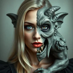 a portrait of a fantasy person. One half of their face is an attractive blonde woman, the other a grotesque gargoyle statue