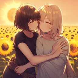 Clear Focus, High resolution, 2 girls hugging, the two girls is a human version of sun and moon, sun if happy and moon is sad, sun in the background