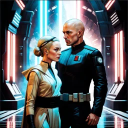 a bold and heroic bald male Corellian pilot in black and metallic grey First Order special forces gear meets a female Jedi Master in ancient, mystical temple, hyperdetailed, dynamic lighting, hyperdetailed background, 8k resolution, volumetric lighting, light skin, fully symmetric details