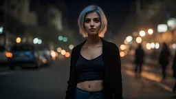 beauty photo of an Iranian girl Tehran, 27 years old, with blue blonde very short hair, she is wearing a thin miniskirt . Thin black nylon tights in the middle of a chaotic street in Tehran, the scene is full of tension and unrest because the flames Fire illuminates the night sky in the background, a stunning surreal shot of an intense scene. Accurate expression of his face and body .