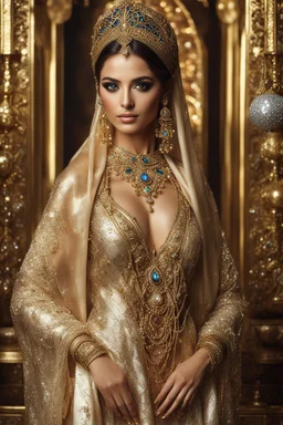 Fullbody gorgeous photography HD ultra realistic natural skin beauty of young arabian woman, dressing traditional gown beautiful, shiny hard eyes, make up, shiny baubles, ornate, large gemstones, shiny molten golden metalics, shiny wire filigree, luxury dress,luxury jewelry diamonds background,brown hair, high definition, high res,establishing shot