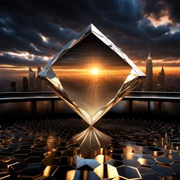 In a mesmerizing scene, envision 4 diamond and silver and gold symetric hexagonal prism repeating 3d mandelbolb fractal structure against the backdrop of a gleaming modern futuristic future stormy sunset cityscape. Suddenly, without warning, the hexagonal prism begin to collapse and cascade to the floor, creating a symphony of light and sound as they shatter into a myriad of sparkling fragments. Explore the juxtaposition of beauty and destruction in this captivating moment.