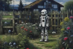 an old robot skull with half a manadeun finger and wears a old jazz suit but is actually a he is in such a place Night, flowers, garden, fence, distant cabin, impressionism painting by Theodore Robinson