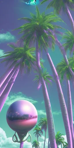 1980's aesthetic vaporwave curvy palm trees with spheres and ufo