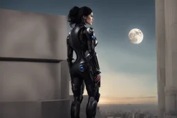 Fantasy Photo Of A Woman With Black Hair, Wearing A robot-looking suit, standing sideways On A Ledge of a building, With A waning moon Behind Her Head