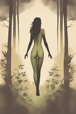 A minimalist, t-shirt design with a vintage twist, featuring a sleek and stylized unclad woman's body silhouette against a faded, women's body is a painting about nature, awesome, bright.