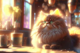 cute fluffy cat in a coffeehouse in sunshine Weight:1 detailed matte painting, deep color, fantastical, intricate detail, splash screen, complementary colors, fantasy concept art, 8k resolution trending on Artstation Unreal Engine 5 Weight:0.9