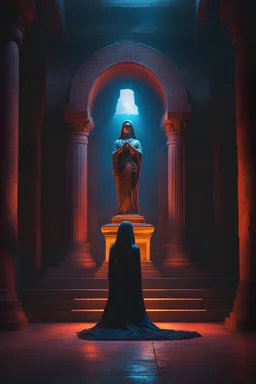 The high priestess of the god of death praying in front of a statue of the god. tomb, tome, underground, ruin, temple. black light. Cinematic lighting, Volumetric, lighting, Epic color composition, the , octane render,