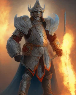 A commander with flaming eyes with flaming light blue pupils with stubble An armor made of a mixture of steel and leather, worn by a strong commander with magical power stands atop a squire