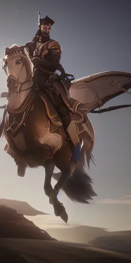 persian cavalry warrior , flying wing horse , night ,full moon atmospheric , 8K, super realistic, unreal engine, cinematic lighting, octane render.