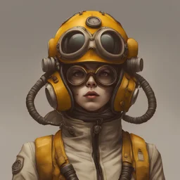 a close up of a person wearing a helmet and goggles, inspired by andrey ryabovichev, cgsociety contest winner, anthropomorphic female cat, pilot outfit, she wear gasmask, artwork in the style of guweiz, character photography, anton semenov, yellow space suit, steampunk rat, 70's jetfighter pilot, trending on artstation.
