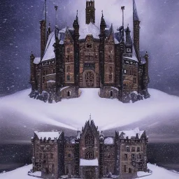 Portrait of a wide dark castle on a snowy mountain, oil painting, symmetrical, architecture, medieval, fantasy, superrealistic, dark colors, HD, 4K