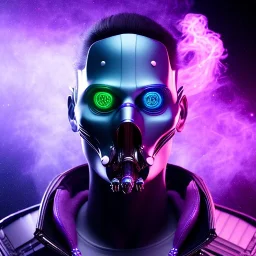 cyberpunk purple masked villain in galaxy, teal and purple smoke, detailed, realistic, 4k
