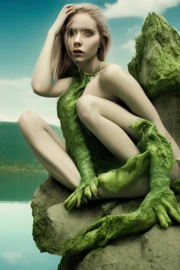 woman sitting on a rock, in a lake, green mottled skin, green hair, blue sky, white clouds