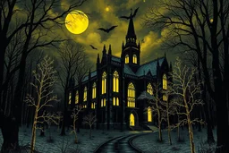 en eerie abandoned gothic cathedral in the midle of a creepy forest at night on black and glowing yellow wet inks with beautiful trees with lots of lacy figures on black canvas by Lotte Reiniger depicted in the perfect fractal style of Mandelbrot, Julia, Wassily Kandinsky, Alphonse Mucha, snowy, dramatic skyscape