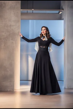 full body of very beautiful lady midi skirt and blouse , curvy hair with small cap and lace scarf ,standing idle happy pose in studio pretty makeup