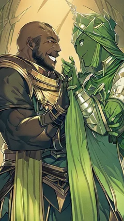 A woman has tanned skin. Her face, marked by the years, is always smiling, showing her superiority in the eyes of others. She is dressed in a steel armor with a few pieces of yellow and green fabric sticking out.