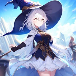 Clear focus, High resolution, medium length hair, white cyan hair, cyan eyes, wearing a witch uniform, Sighing, wearing a medium skirt