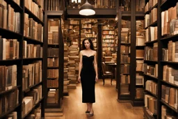 full-height shot of a woman in a tight black dress, inside a large magic book shop, books, bottles, windows